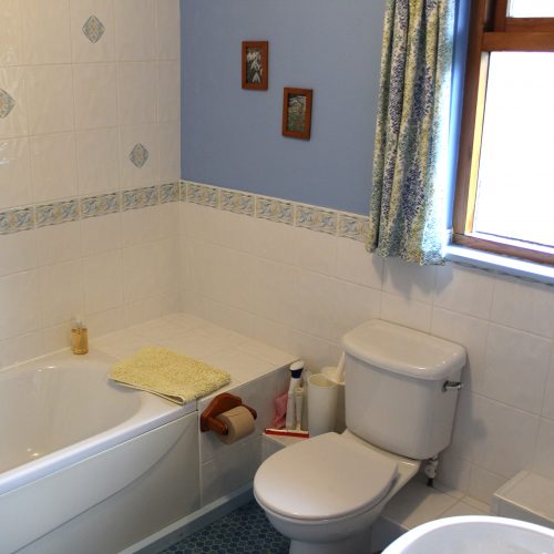 Clean and bright bathroom with a shower over the bath in our cottage for couples.