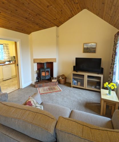 Mungo's Well cottage living room with woodburning stove, Smart TV, wonderful view into the cottage garden.