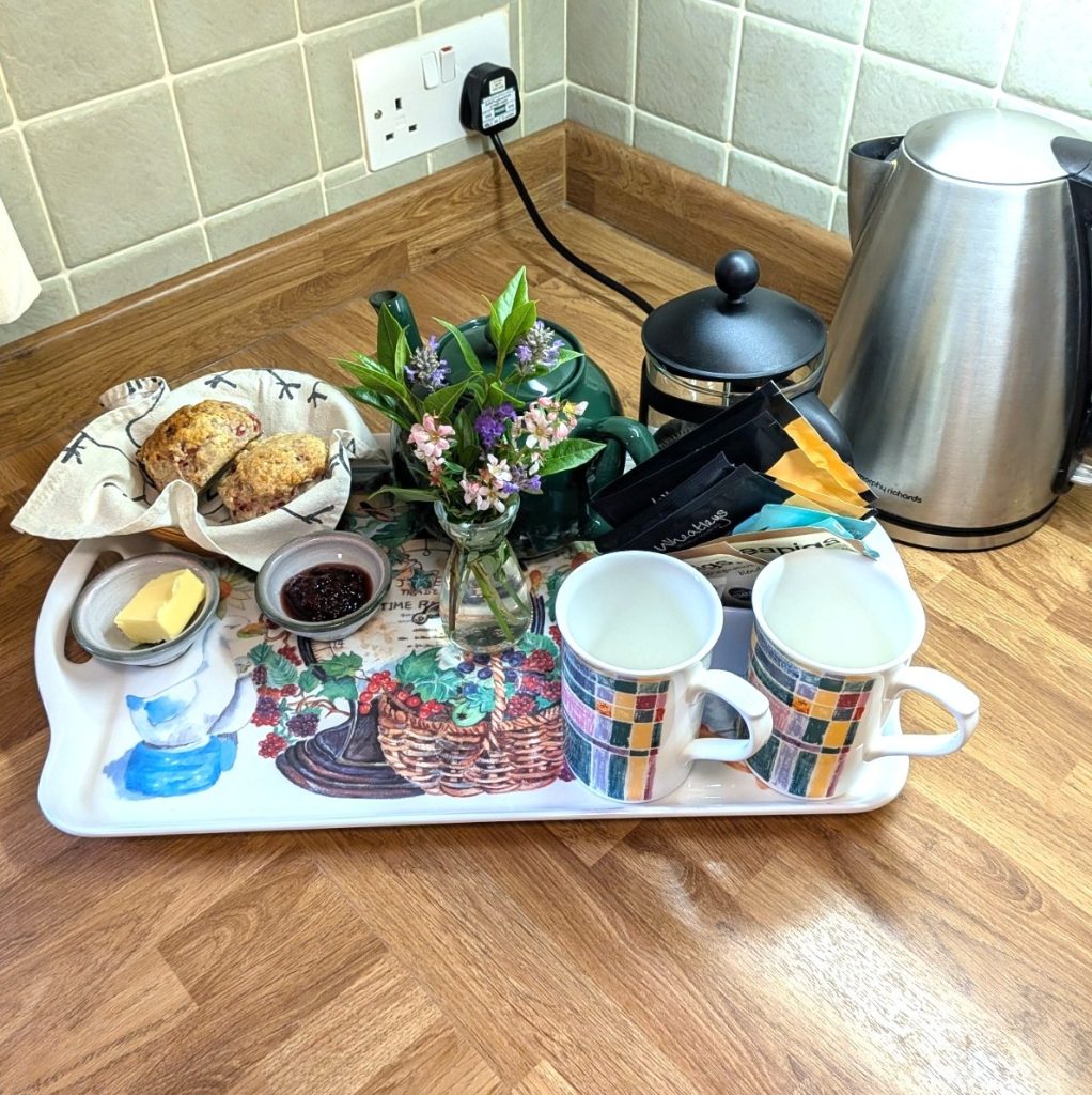 Welcome tray with home baking to welcome you to Mungo's Well cottage near Kelso. 