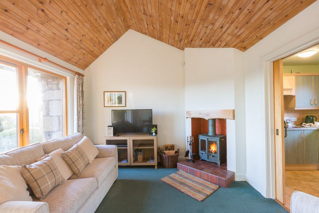Begrum cottage living room with wood burning stove and smart TV