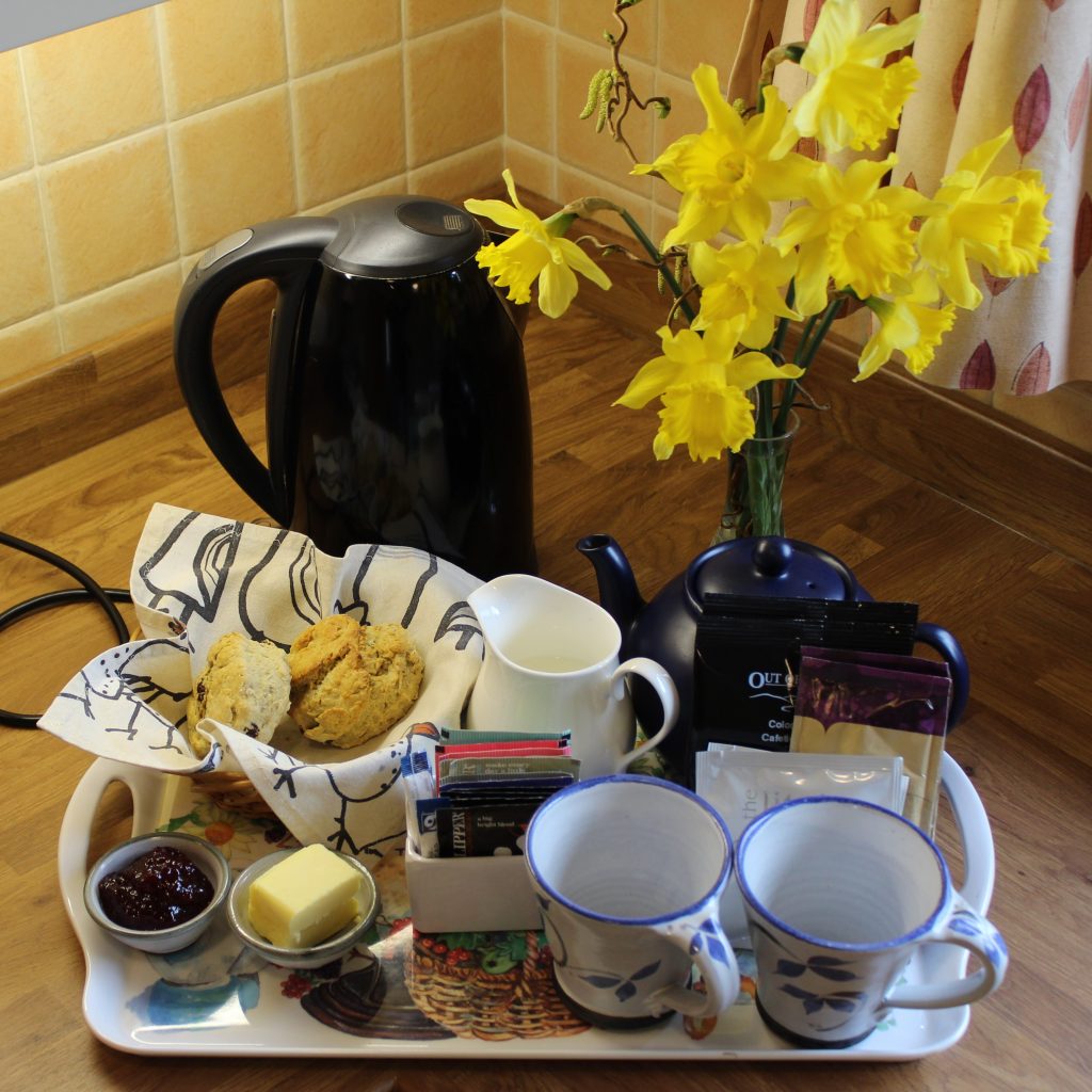 Welcome tray at Burnbrae Holiday cottage. Fresh homemade scones, butter and jam with a selection of teas and coffees.